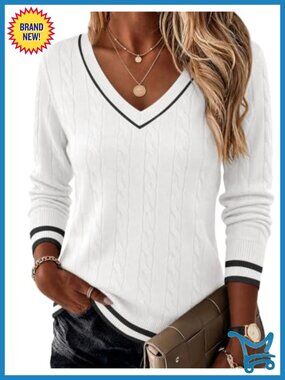 Cable Knit V Neck Long Sleeve Pullover Sweater